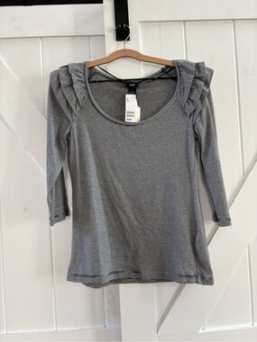 H&M Striped Cotton Scoop Neck Top with Ruffle Shoulders